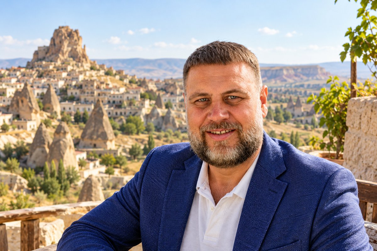 Дмитрий, владелец 123 Trip Cappadocia, на фоне Учхисара
